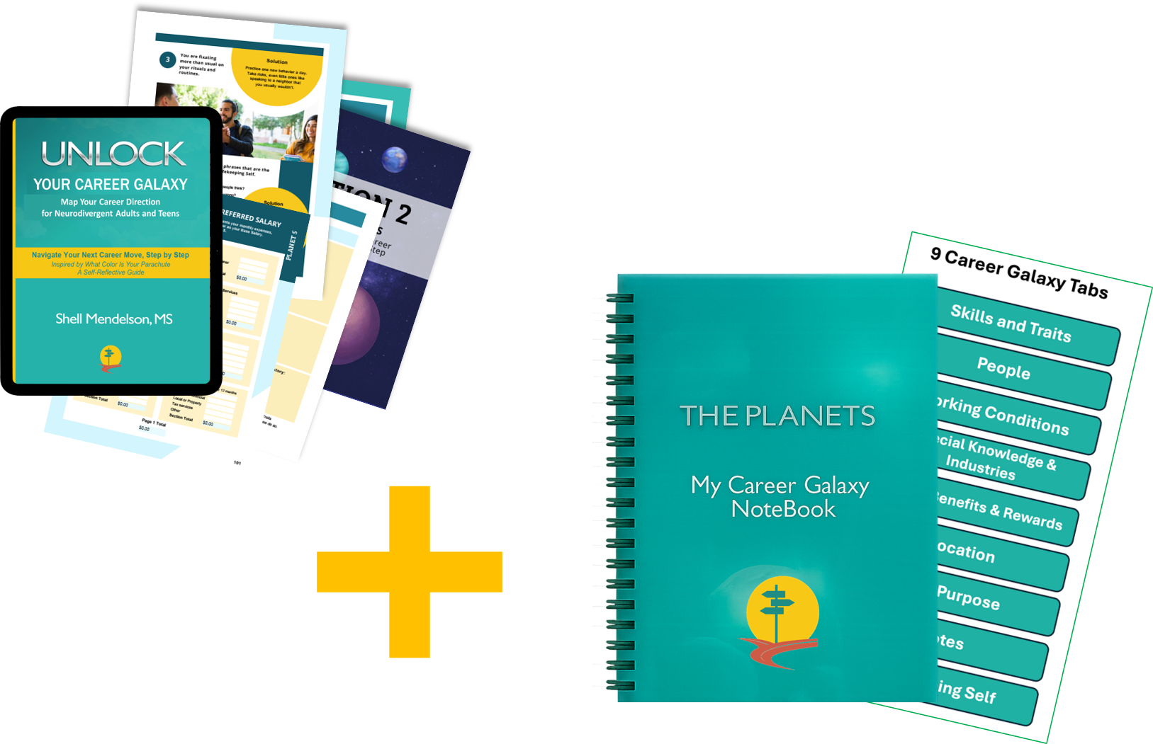 Unlock Your Career Galaxy book including a notebook, posters, and a plus sign on a white background. Career development materials helpful for teens and adults to choose a career that they love. ADHD friendly book.