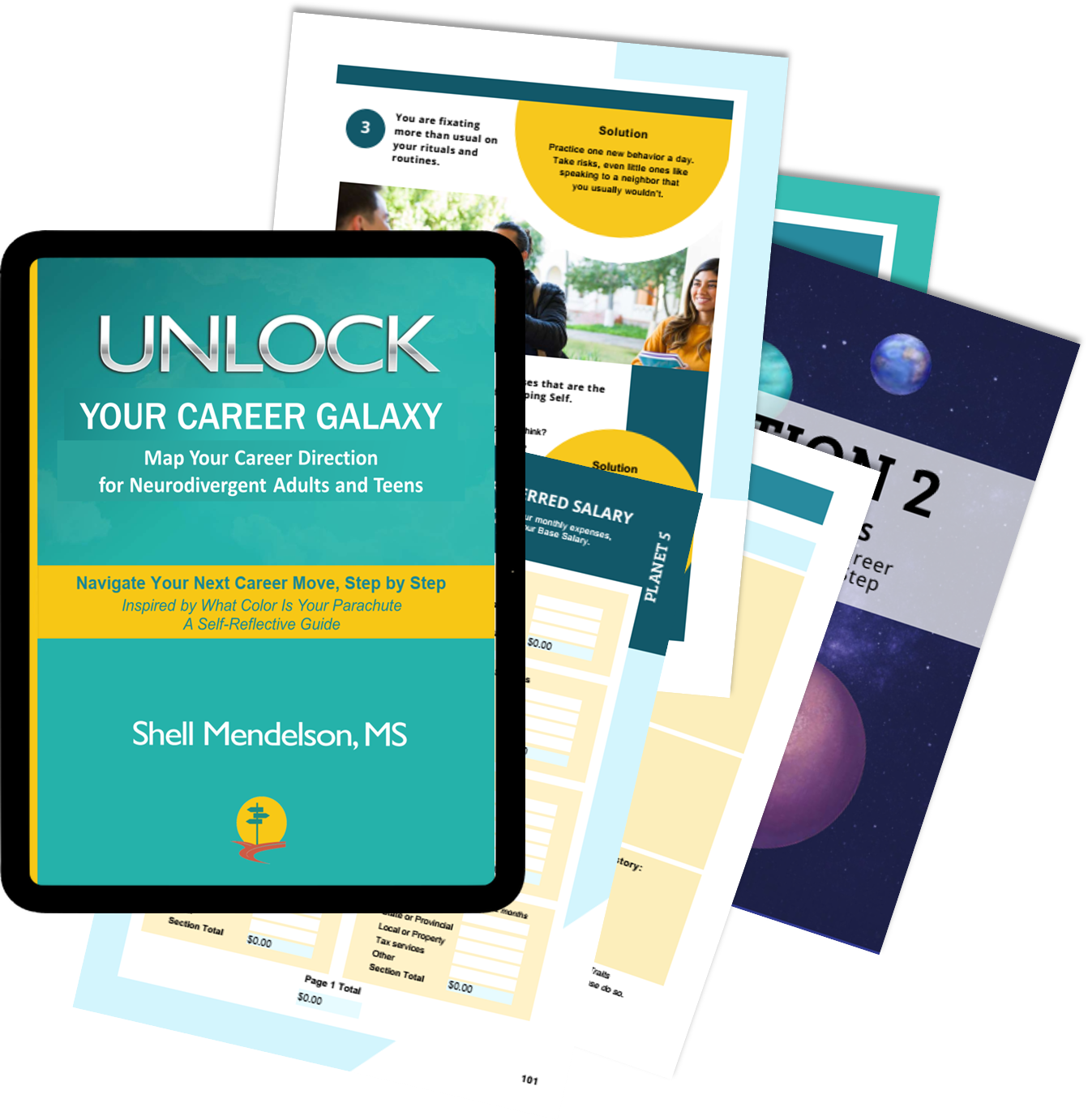 Career guidance ebook titled 'Unlock Your Career Galaxy' by Shell Mendelson, MS, displayed on a tablet with other career planning materials. Career development materials helpful for teens and adults to choose a career that they love. ADHD friendly book.